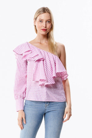 One Shoulder Ruffle Checkered Blouse