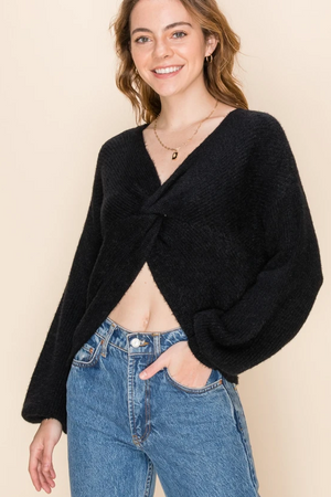 Fuzzy Twist Knotted Back Long Sleeve Sweater